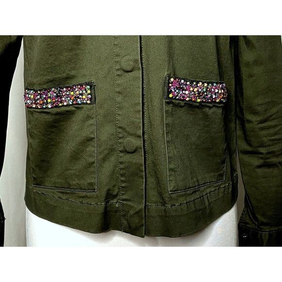 A  New Day Snap Front Military Style Jacket Sz S Beaded Pocket Trim Army Green - Picture 2 of 7